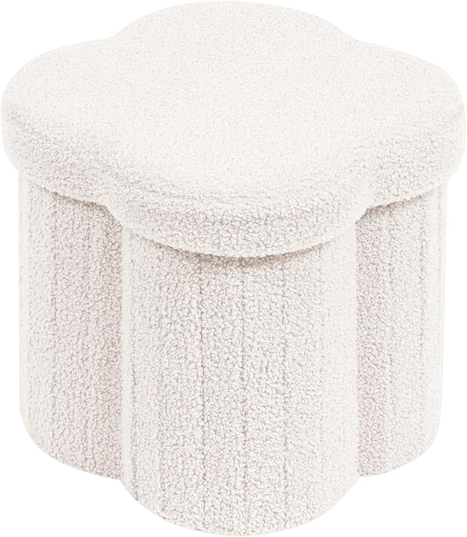 PINPLUS Storage Ottoman Cube Flower-Shaped Boucle Footrest Stool with Hidden Storage, Multi-Functional Cube Seat for Living Room, Dorm - White 12.6"x12.6"x12.6"