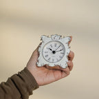 NIKKY HOME Pewter Pretty Small and Cute Vintage Table Clock with Quartz Analog Crystal Rhinestone 3 Inch for Living Room Bathroom Decoration, White Enamel