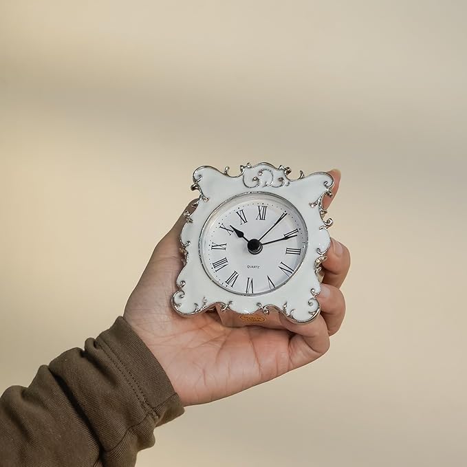 NIKKY HOME Pewter Pretty Small and Cute Vintage Table Clock with Quartz Analog Crystal Rhinestone 3 Inch for Living Room Bathroom Decoration, White Enamel