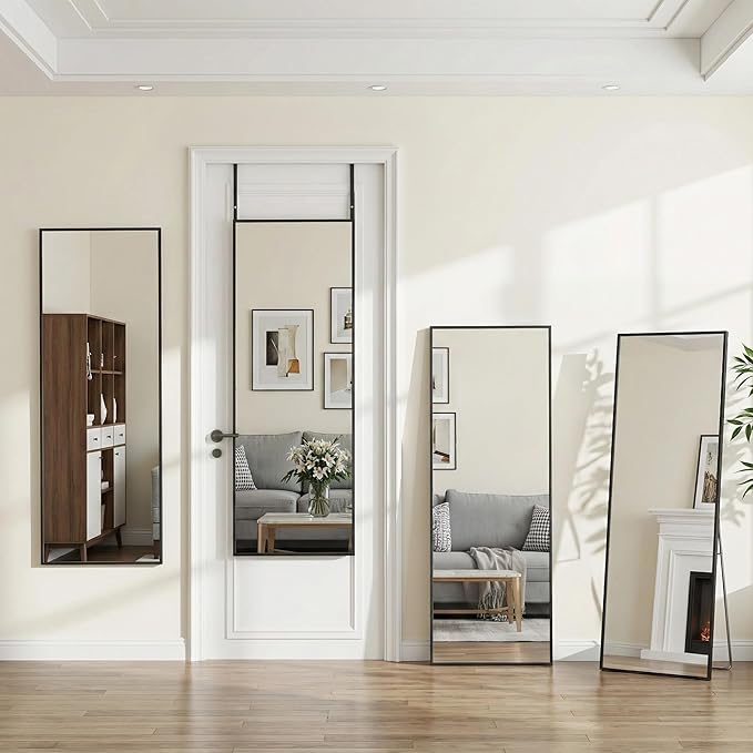 Antok Over The Door Mirror Full Length, 58'' x 21''Wall Mounted Hanging Mirror, Aluminum Alloy Frame, Shatterproof Glass, No Drill Installation for Bedroom, Closet, Bathroom, Dorm, Rect Corner,Black