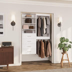 ROOMTEC Modular Closet System, 67" Wall-Mounted Closet Organizer with Drawers and Hanging Rods, Wooden Tower for Walk-In Closets, Wardrobe Storage Kit, White