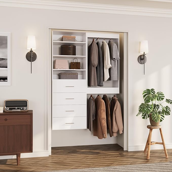 ROOMTEC Modular Closet System, 67" Wall-Mounted Closet Organizer with Drawers and Hanging Rods, Wooden Tower for Walk-In Closets, Wardrobe Storage Kit, White