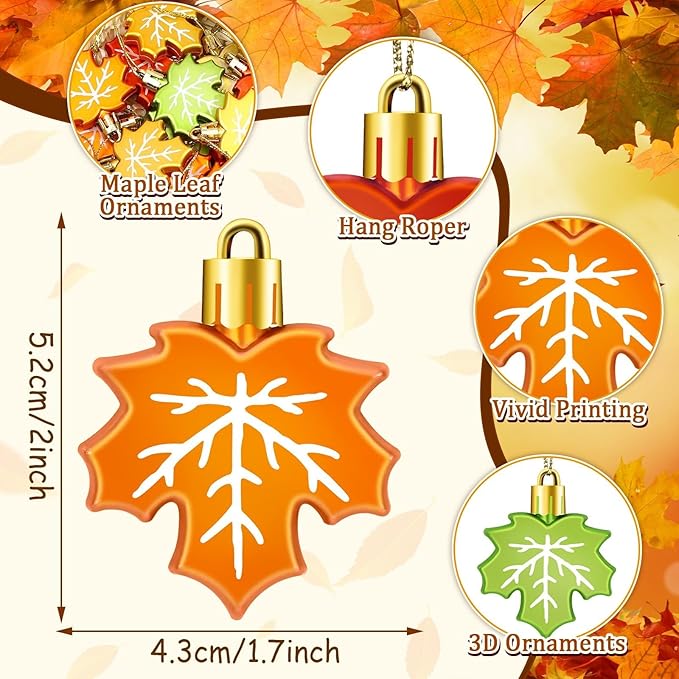 JULMELON 24PCS Fall Leaf Ornament for Tree, Thanksgiving Maple Leaves Hanging Ornaments with Rope Maple Pendant for Farmhouse Rustic Party Favors Craft Supplies Decor