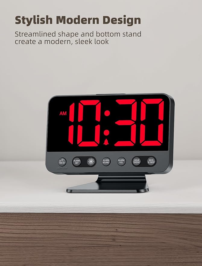 Digital Alarm Clocks for Bedrooms: Large Bold Number 5 Brightness Dimmer - Easy to Read Across The Room - 5 Alarm Sound 8 Night Light - Red