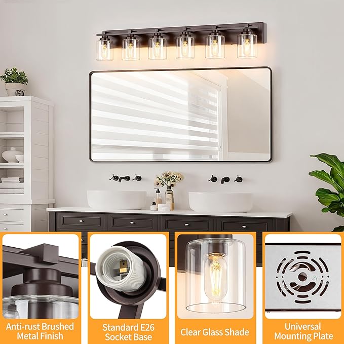 6 Light Modern Bathroom Light Fixtures Over Mirror, Bronze Finish Vanity Lights for Bathroom Wall Sconces with Clear Glass Shades, E26 Socket (Bulbs Not Included)