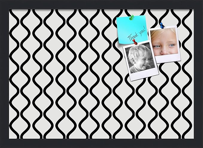 PinPix 20x14 Inch Cork Bulletin Board. This Decorative Framed Pin Board Comes with Black and White Waves Design and a Satin Black Frame. Ideal for Home Office Decor or Message Board (PinPix-194)