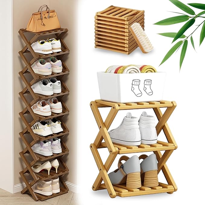 DDRIC 9-Tier No-Assembly Bamboo Rack, 2026 Upgraded Foldable Corner Shoe Rack, Space-Saving Organizer for Shoes, No-Tool Narrow Shelf for Entryway Closet Dorm (Nuture,3-Tier)
