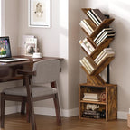 Tree Bookshelf, 6 Tier Bookcase with 2 Storage Racks, Free Standing Tall Wooden Bookcase, Floor Standing Book Shelf Organizer for Living Room, Bedroom, Study, Home Office, Rustic Brown