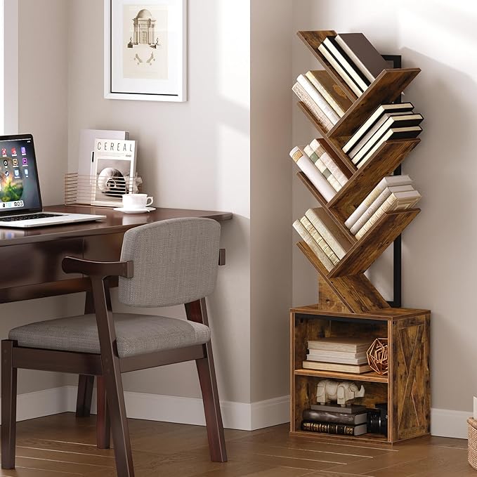 Tree Bookshelf, 6 Tier Bookcase with 2 Storage Racks, Free Standing Tall Wooden Bookcase, Floor Standing Book Shelf Organizer for Living Room, Bedroom, Study, Home Office, Rustic Brown