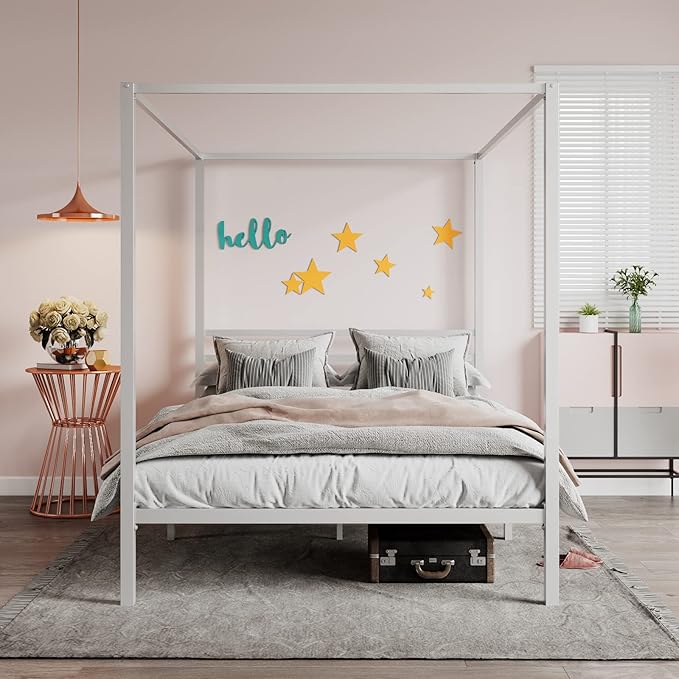 SHA CERLIN Metal Canopy Bed Frame Queen Size/Mattress Foundation with Metal Slats Support/No Box Spring Needed/Easy Assembly/White