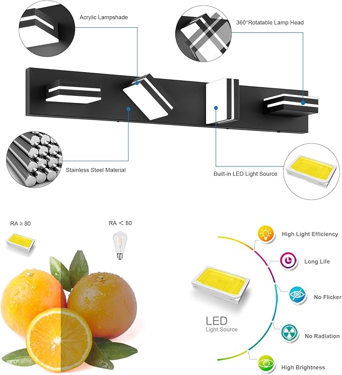 Bathroom Vanity Lighting Fixtures Over Mirror (4-Light, 30-Inch) Dimmable Modern LED Bathroom Wall Lighting Fixtures, Matte Black (3000K/3500K/4000K/5000K/6000K)