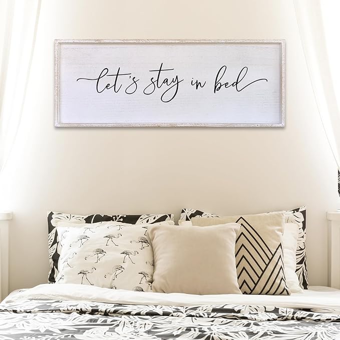 Surfapans Lets Stay In Bed Wall Decor 40”X15” Large Farmhouse Master Room Above Over Bed Rustic Guest Room Sign Beautiful And Simple Plaque Hanging Wall Art Decoration (White)