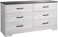 Prepac Rustic Ridge Farmhouse 6-Drawer Double Dresser, Washed White Dresser for Bedroom, Chest of Drawers with 6 Storage Drawers, 53.25” wide x 18.25” deep x 28.5” tall, Washed White