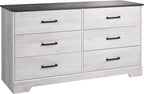 Prepac Rustic Ridge Farmhouse 6-Drawer Double Dresser, Washed White Dresser for Bedroom, Chest of Drawers with 6 Storage Drawers, 53.25” wide x 18.25” deep x 28.5” tall, Washed White