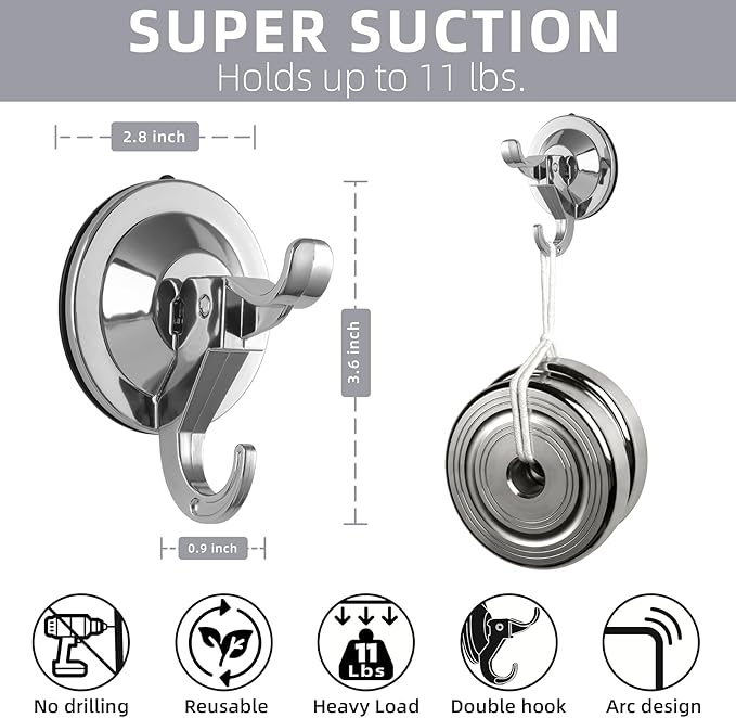 Antimbee Suction Hooks, 10 Pack Reusable Hangers, Removable Large Suction Cups with Ultra-Thin Adhesive Disc for Smooth/Uneven Surfaces, Door Wreath Hanger Max up to 11 lbs (Silver)