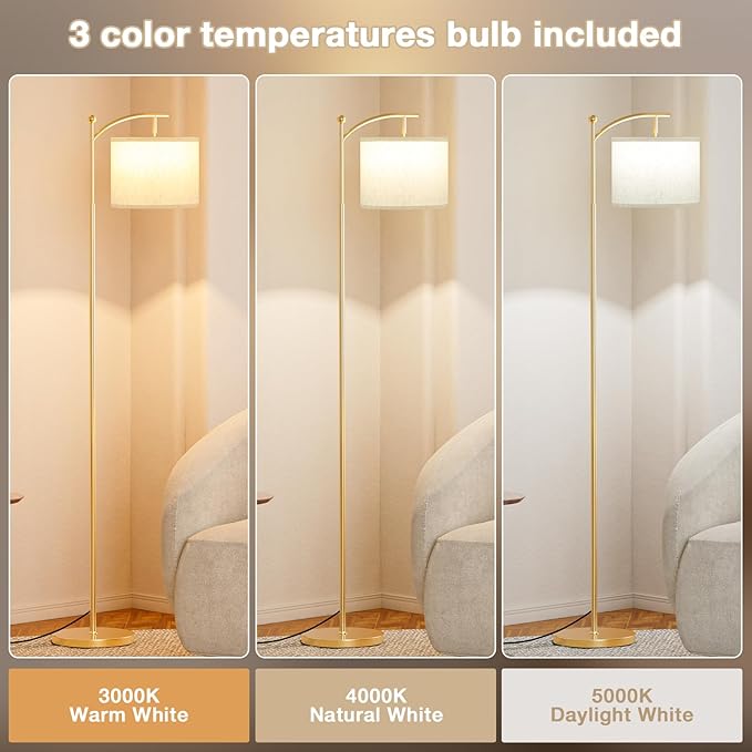 60" Floor Lamp With 3 Color Temperatures, Adjustable Beige Shade, Gold Pole - Tall Lamp for Living Room, Bedroom, Office, Classroom, Dorm - 9W Bulb Included