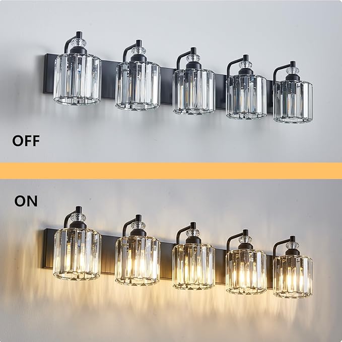 5-Light Black Bathroom Light Fixtures Over Mirror Modern Vanity Lights Crystal Wall Sconce Vintage Bathroom Lighting with Crystal Shade E26 Base for Bedroom, Living Room, Hallway