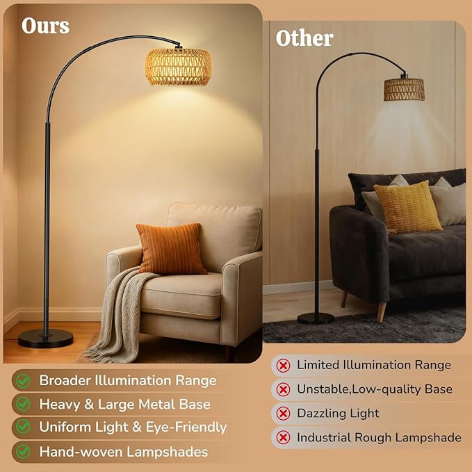 Arc Floor Lamp for Living Room, Rattan Boho Floor Lamp with Remote Control, Black Standing Lamp with 3 Color Temperatures & Dimmable LED Bulb, Tall Lamp for Bedroom, Over Couch Arched Reading Light