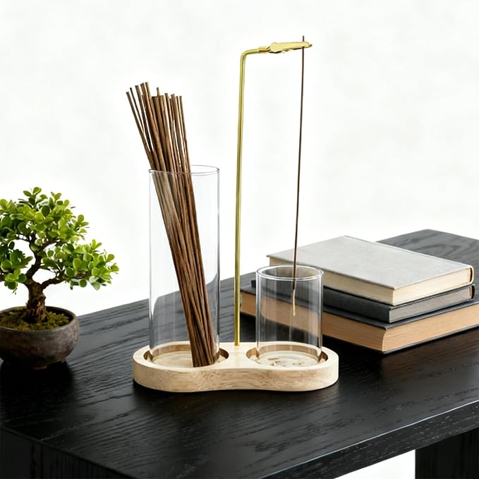 2 in 1 Incense Holder for Sticks, Glass Incense Holder with Ash Catcher, Wooden Incense Burner with Storage, for Home Decor & Spa Yoga Meditation Room Décor