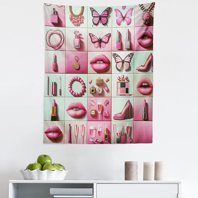 Ambesonne Pink Tapestry, Squares of Feminine Fashion Lipstick Butterfly Makeup Glam Kisses Concepts, Fabric Wall Hanging Decor for Bedroom Living Room Dorm, 23" X 28", Pale Mint Green