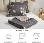 Flysheep 2 Pieces Quilt Set Twin Size, Dark Gray Floral Reversible Bedspread Coverlet Set, Soft Microfiber Lightweight Bed Cover for Kids (68" x 86", 1 Quilt+ 1 Pillow Sham)
