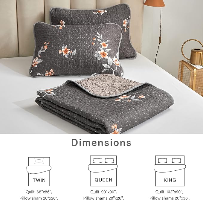 Flysheep 2 Pieces Quilt Set Twin Size, Dark Gray Floral Reversible Bedspread Coverlet Set, Soft Microfiber Lightweight Bed Cover for Kids (68" x 86", 1 Quilt+ 1 Pillow Sham)