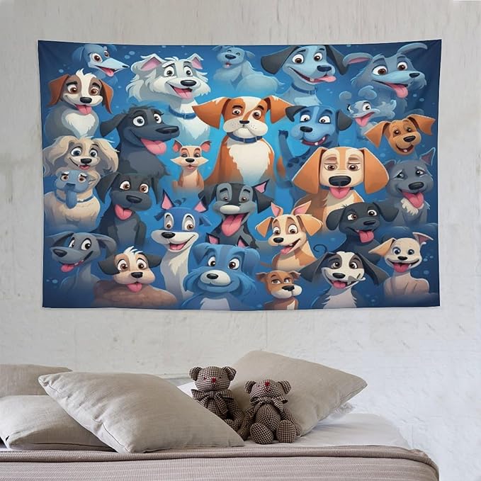 VUMIVI Cartoon Dog Tapestry Cute Puppy Pet Lovers Animal Theme Colorful Illustration Tapestry Wall Hanging for Living Room Bedroom Dorm Classroom Aesthetic Decor W90xL60in