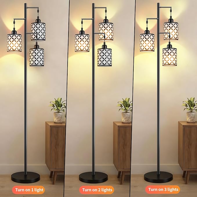 New Upgraded 72" Tall Dimmable Floor Lamp with 3 x 1100LM 12W Bright LED Bulbs, Farmhouse Standing Lamp with Remote Control, Industrial Tree Pole Floor Lamps for Living Room, Bedroom, Office - Black