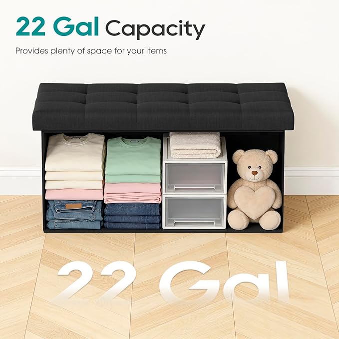 FDW 30 Inches Folding Storage Ottoman Bench, End of Bed Foot Rest Stools Ottoman Storage Chest, Holds up to 660 lb, for Entryway, Living Room, Bedroom, Black