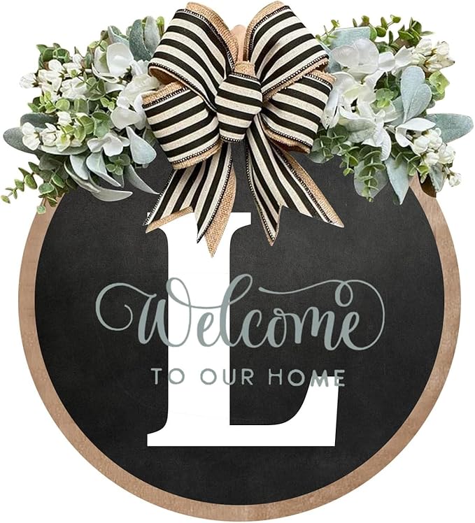 Circular Surname Front Door Welcome Sign - 26 Letter House Wreath, Front Porch Decorations, Year-Round Home Decor (L)