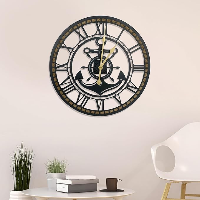 16 Inch Wall Clock, Anchor Wall Clock, Silent Non Ticking, Battery Operated Large Decor Clocks for Living Room Decor, Kitchen, Office (Nautical Style)