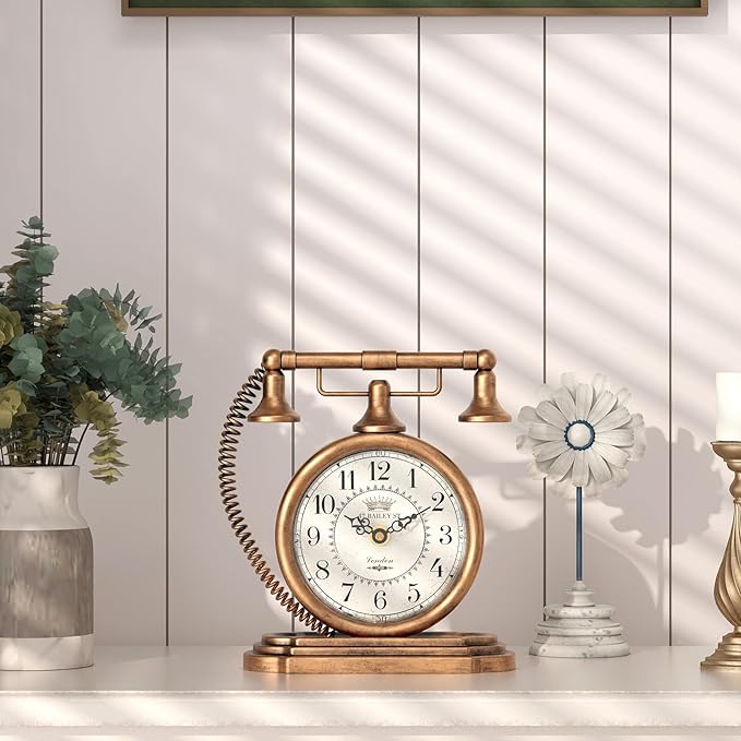 Vintage Table Clock, Desk and Shelf Decor Clock, Gold Antique Telephone Style Mantel Clocks, for Living Room, Farmhouse, Bedroom, Bedside, Gift (7.3" H x 7.3" W)