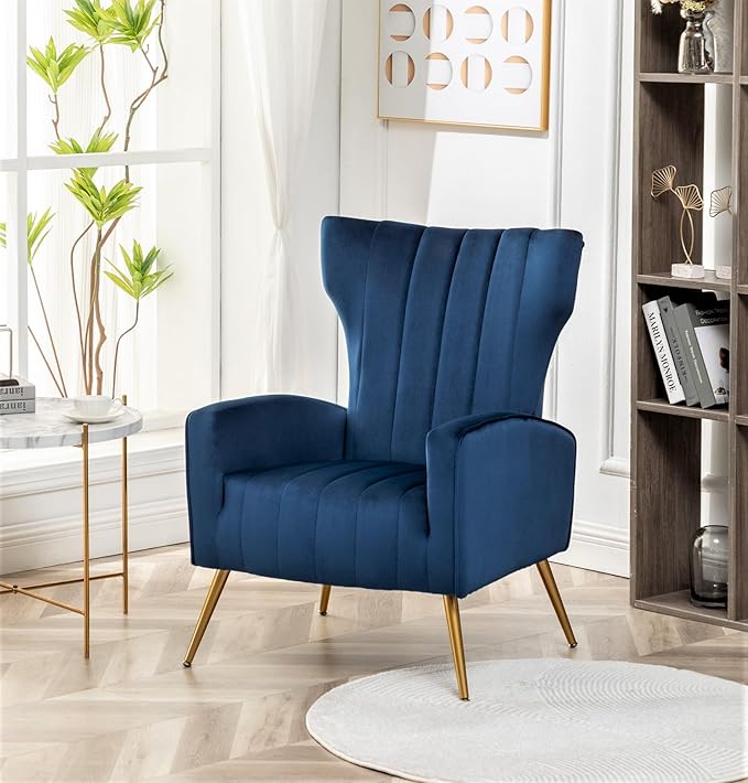 Modern Velvet Accent Chair, Channel Tufted Bedroom, Office or Living Room Furniture with Elegant Metal Legs, 26" Wide Armchair, Blue