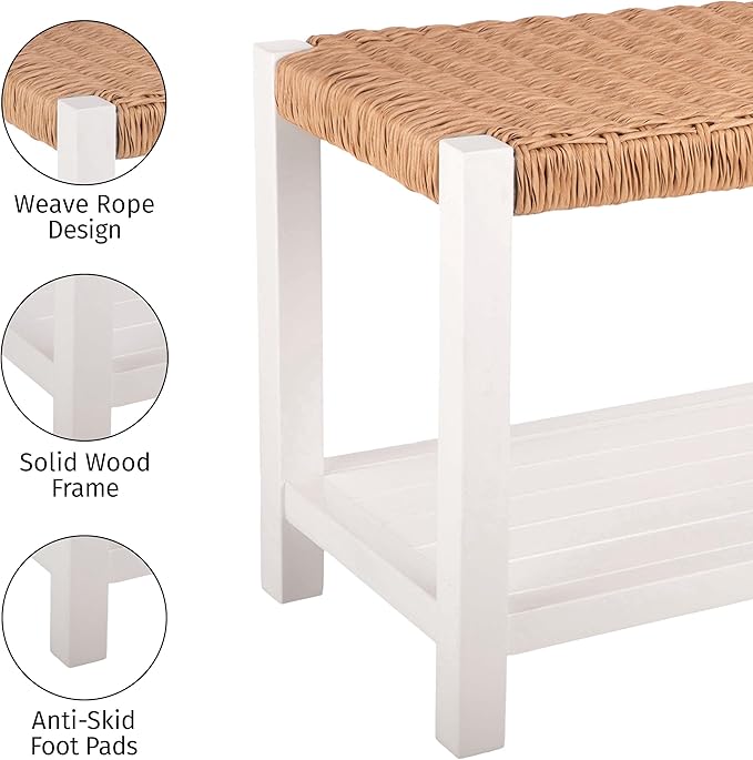 Alaterre Furniture Bench with Handcrafted Woven Rope Seat - Newport Collection 40-Inch Wood Bench with Storage Shelf for Entryway or Bedroom - Indoor Furniture (White)
