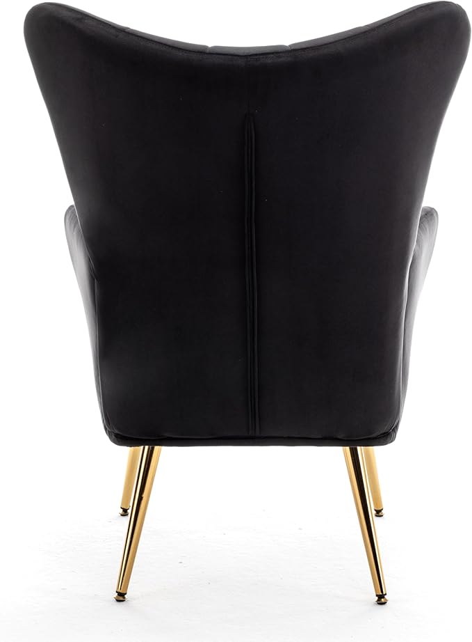 Modern Chic Mid-Century Velvet Accent Armchair for Living Room, Bedroom, or Home Office, Button-Tufted Wingback Design with Gold Flared Legs, Black