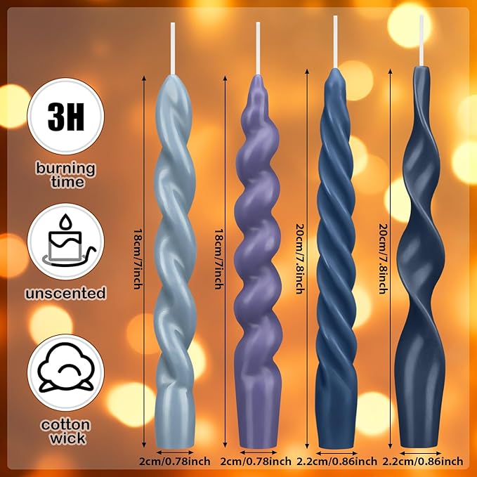 Nuanchu 4 Pcs 7.87 Inch Twisted Taper Candles Wax Unscented Smokeless Spiral Swirl Candlesticks for Wedding Holiday Dinner Party Home Decorations(Blue,Pure)