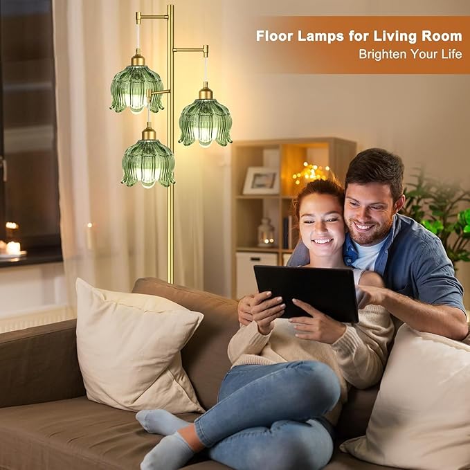 Gold Floor Lamp for Living Room Bedroom,3 Lights Modern Floor Lamps with Unique Green Glass Shades,68IN Mid Century Tall Standing Lamp,Vintage Tree Floor Lamp for Corner Office Reading Bulb Included