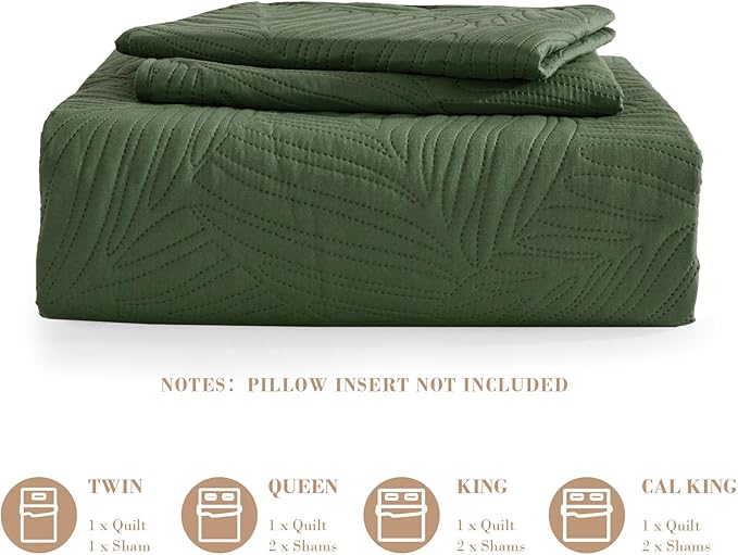 Exclusivo Mezcla King Size Quilt Bedding Set, Lightweight Olive Green Quilts King Size for All Seasons, Soft Microfiber Bedspreads Coverlets Bed Cover with Leaf Pattern, 3 Piece