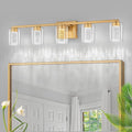 SineRise 5-Light Gold Vanity Light with 3 Color Modes (3000K/4000K/6000K), Eye Protection LED Bathroom Light Fixture, Dimmable Modern Wall Light Over Mirror with Clear Glass Shade