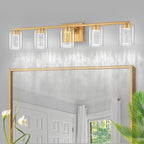 SineRise 5-Light Gold Vanity Light with 3 Color Modes (3000K/4000K/6000K), Eye Protection LED Bathroom Light Fixture, Dimmable Modern Wall Light Over Mirror with Clear Glass Shade