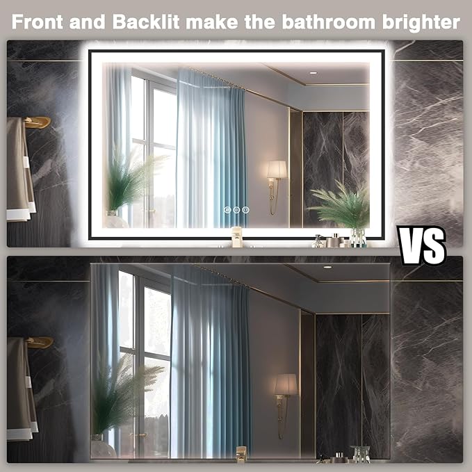 60x40 LED Mirror for Bathroom - Matte Black Framed (Front and Backlit), Anti-Fog Stepless 3 Colors Dimmable Lit Smart Vanity Mirror with Lights(Horizontal/Vertical)