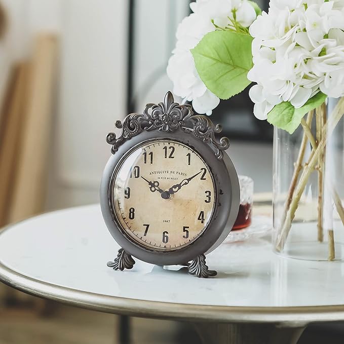NIKKY HOME Small Vintage Table Clock, Decorative Shelf Desk Top Clock Battery Operated Round French Design, Farmhouse Home Decor for Bathroom, Tabletop, Desktop, Countertop, Rustic Grey