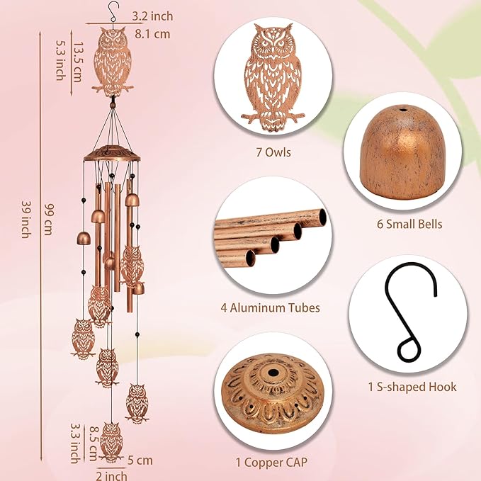 Owl Wind Chimes for Outside,Metal Windchimes,Owl Gifts for Women/Men,Wind Chime Garden Decor Outdoor,Memorial/Housewarming/Birthday/Festival Gifts,Front Yard Decor
