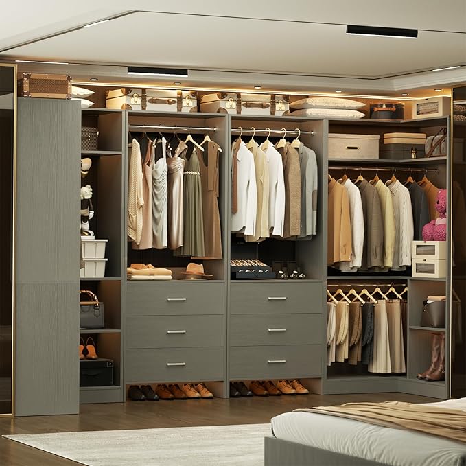Aheaplus Closet System with 6 Drawers, 6 Hanging Rods & Corner Tower, Corner Closet System with Hanging,112.5" U-Shaped Walk-In Wardrobe Organizer, 2000+ lbs Capacity, Set of 4, Grey
