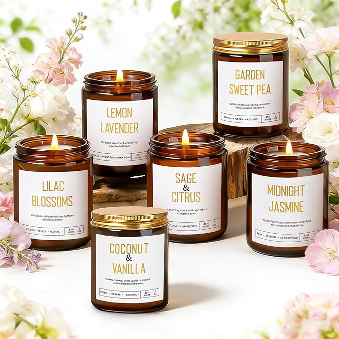 Candles for Home Scented - 6 Pack 42oz Soy Candles with Lavender, Coconut, Jasmine, Sage, Lilac Blossoms, Sweet Pea, 300 Hour Long Lasting Aromatherapy Candles Gift Set for Women, Christmas, Holiday