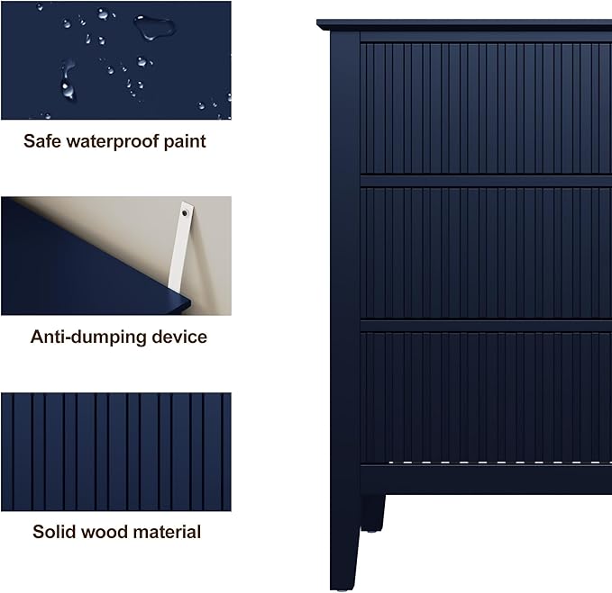 Large Blue 3-Drawer Dresser, 30 Inch Tall Painted Wood Nightstand with Storage, Wide Modern Chest of Drawers with Ball Bearing Slide for Bedroom Hallway Living Room Entryway Office