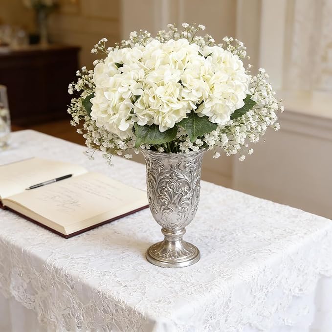 Kimura's Cabin 6Pcs Fake White Hydrangea Flowers Artificial Silk Hydrangeas with Stems Faux Hydrangea Bouquets for Home Wedding Party Table Core Decoration (White, Pack of 6)