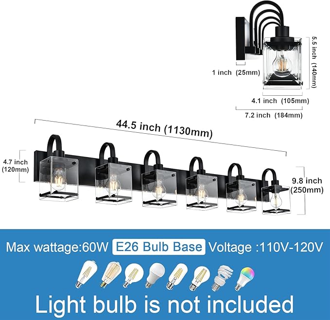 6 Light Bathroom Vanity Lights Fixtures, Black Bathroom Wall Lights Modern Bath Wall Mounted Lights with Clear Glass Shade Wall Light for Mirror Bed Hallway (E26 Base)