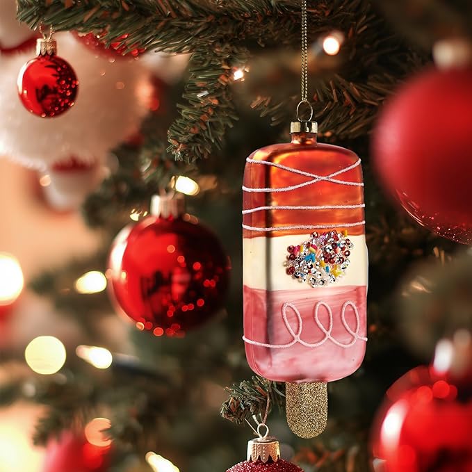 Pink Christmas Tree Ornaments 2025 - Fruit Ice Cream 3D Glass Blown Hanging Christmas Decorations, Fun Mini Ornaments for Xmas Tree Home Outdoor Centerpiece