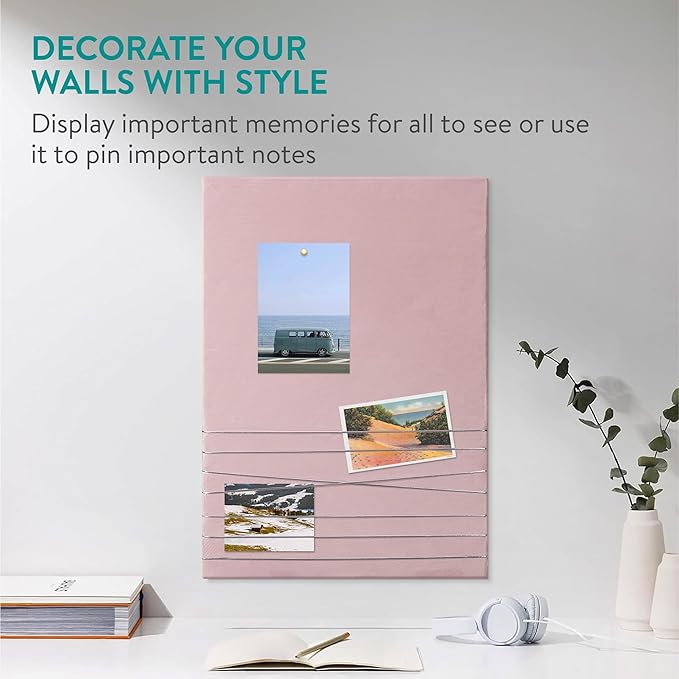 Navaris Fabric Memo Bulletin Board - 20" x 28" Velvet Memory Board for Wall to Display Photo Collages, Pictures, Notes - Includes 6 Push Pins - Pink